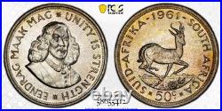 PR66 1961 South Africa 50 Cent Silver Proof, PCGS Trueview- Rainbow Toned