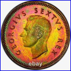 PR67 1952 South Africa Silver 3 Pence Proof, PCGS Trueview- NEON Rainbow Toned