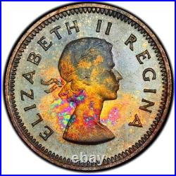 PR67 1955 South Africa Silver 3 Pence Proof, PCGS Trueview- Pretty Rainbow Toned