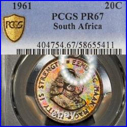 PR67 1961 South Africa 20 Cent Silver Proof, PCGS Trueview- Bright Rainbow Toned