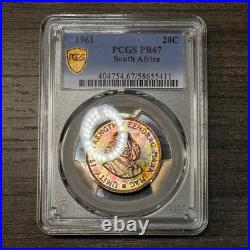 PR67 1961 South Africa 20 Cent Silver Proof, PCGS Trueview- Bright Rainbow Toned