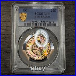 PR67 1961 South Africa 20 Cent Silver Proof, PCGS Trueview- Bright Rainbow Toned