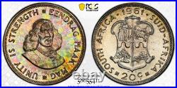 PR67 1961 South Africa 20 Cent Silver Proof, PCGS Trueview- Bright Rainbow Toned