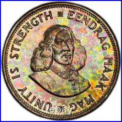 PR67 1961 South Africa 20 Cent Silver Proof, PCGS Trueview- Bright Rainbow Toned