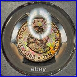 PR67 1961 South Africa 20 Cent Silver Proof, PCGS Trueview- Bright Rainbow Toned