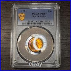 PR67 1961 South Africa 5 Cent Silver Proof, PCGS Trueview- Nicely Rainbow Toned