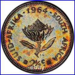 PR67 1962 South Africa 2-1/2 Cent Silver Proof, PCGS- Rainbow Toned