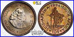 PR67 1964 South Africa Silver 10 Cent Proof, PCGS Secure- Rainbow Toned