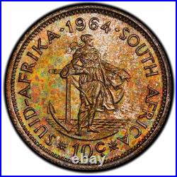 PR67 1964 South Africa Silver 10 Cent Proof, PCGS Trueview- Rainbow Toned