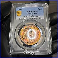 PR67 1965 South Africa Silver 1 Rand Proof, PCGS Trueview- Pretty Rainbow Toned
