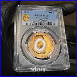 PR67 1967 South Africa Silver 1 Rand Proof, PCGS Trueview- Pretty Rainbow Toned