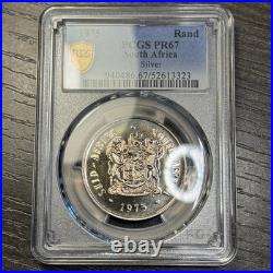 PR67 1975 South Africa 1 Rand Silver Proof, PCGS Trueview- Nicely Toned POP 1/1