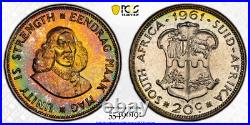 PR68 1961 South Africa 20 Cent Silver Proof, PCGS- Vivid Rainbow Toned TOP POP