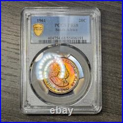 PR68 1961 South Africa 20 Cent Silver Proof, PCGS- Vivid Rainbow Toned TOP POP