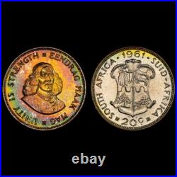 PR68 1961 South Africa 20 Cent Silver Proof, PCGS- Vivid Rainbow Toned TOP POP