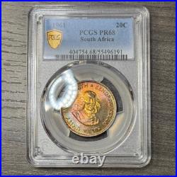 PR68 1961 South Africa 20 Cent Silver Proof, PCGS- Vivid Rainbow Toned TOP POP