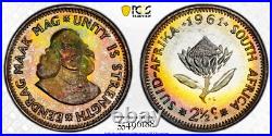 PR68 1961 South Africa 2 1/2 Cent Silver Proof, PCGS- Rainbow Toned TOP POP
