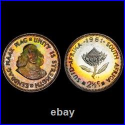 PR68 1961 South Africa 2 1/2 Cent Silver Proof, PCGS- Rainbow Toned TOP POP