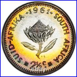 PR68 1961 South Africa 2 1/2 Cent Silver Proof, PCGS- Rainbow Toned TOP POP