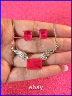 Princess Angel Wings Natural Pink Ruby Necklace Earrings Jewelry Set 925 Silver