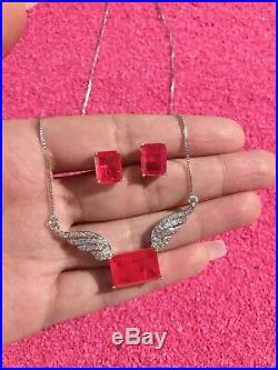 Princess Angel Wings Natural Pink Ruby Necklace Earrings Jewelry Set 925 Silver