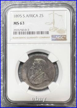 Rare 1895 Paul Kruger South Africa Silver 2 Shillings 2S NGC MS63 Scarce