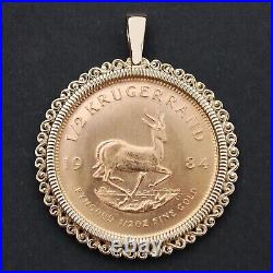 Round 1984 South Africa Krugerrand Pendant 14K Yellow Gold Plated Silver 1.5'