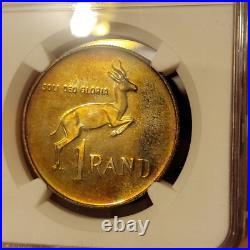 SEE VIDEO toning 1987 South Africa Silver 1 Rand NGC PF67 springbok GOLD toned