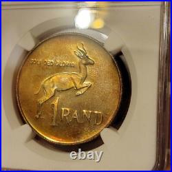 SEE VIDEO toning 1987 South Africa Silver 1 Rand NGC PF67 springbok GOLD toned