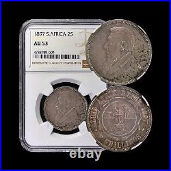 SOUTH AFRICA. 1897, 2 Shillings, Silver NGC AU53 ZAR, Kruger RARE