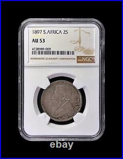 SOUTH AFRICA. 1897, 2 Shillings, Silver NGC AU53 ZAR, Kruger RARE