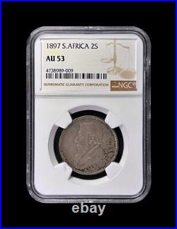 SOUTH AFRICA. 1897, 2 Shillings, Silver NGC AU53 ZAR, Kruger RARE