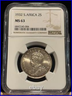SOUTH AFRICA 2 Shillings 1932, NGC MS 63 Choice UNC, Bright Fully Lustrous. R9