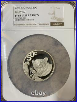 SOUTH AFRICA 50 Cents 2004 2.27 Oz Silver NGC PF67 DCAM Wildlife Leopard