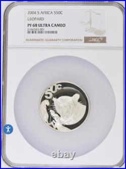 SOUTH AFRICA 50 Cents 2004 2.27 Oz Silver NGC PF67 DCAM Wildlife Leopard
