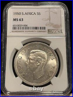 SOUTH AFRICA 5 Shillings 1950 Key Date 83,000, KGVI, NGC MS 63 CH UNC / BU. K6