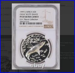 Shark 1999 SOUTH AFRICA SILVER PROOF 2 rand R2 ngc PF69 great white shark RAM