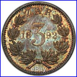 South Africa 1892 3 Pence (Threepence), PCGS PR64. Original toning, high quality