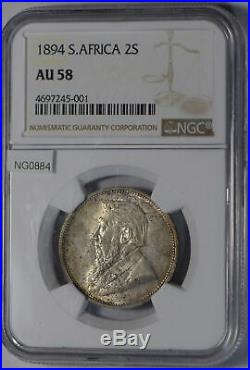 South Africa 1894 2 Shillings silver NGC AU58 rare this grade lustrous! NG0884 c