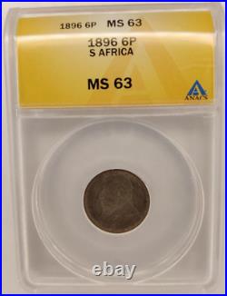 South Africa 1896 Silver 6Pence MS63 ANACS Rare HighGrade Kreuger Silver Coin 2B