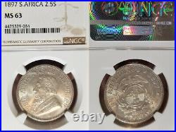 South Africa 1897 2 1/2 Shilling, Superb, NGC 63 PQ +++, Sharp Detail/Luster
