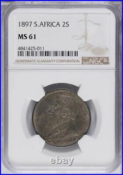 South Africa 1897 2 Shillings Silver Coin, Uncirculated, Certified Pcgs Ms61
