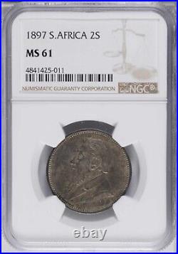 South Africa 1897 2 Shillings Silver Coin, Uncirculated, Certified Pcgs Ms61