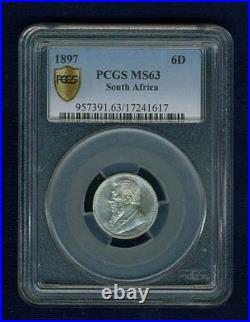 South Africa 1897 Six Pence Silver Coin Certified Pcgs Choice Uncirculated Ms-63