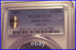 South Africa, 1957 Elizabeth II Five Shillings, 5 Shillings. PCGS PL 66. Crown
