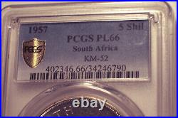South Africa, 1957 Elizabeth II Five Shillings, 5 Shillings. PCGS PL 66. Crown