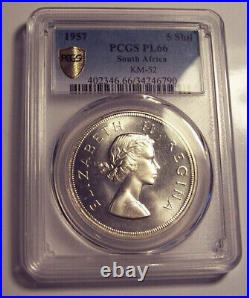 South Africa, 1957 Elizabeth II Five Shillings, 5 Shillings. PCGS PL 66. Crown