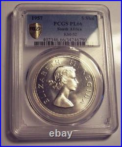 South Africa, 1957 Elizabeth II Five Shillings, 5 Shillings. PCGS PL 66. Crown