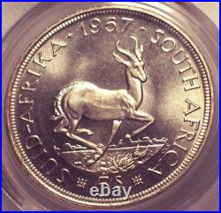 South Africa, 1957 Elizabeth II Five Shillings, 5 Shillings. PCGS PL 66. Crown