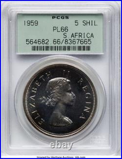 South Africa, 1959 Elizabeth II 5 Shillings PCGS PL 66. 2,200 Mintage